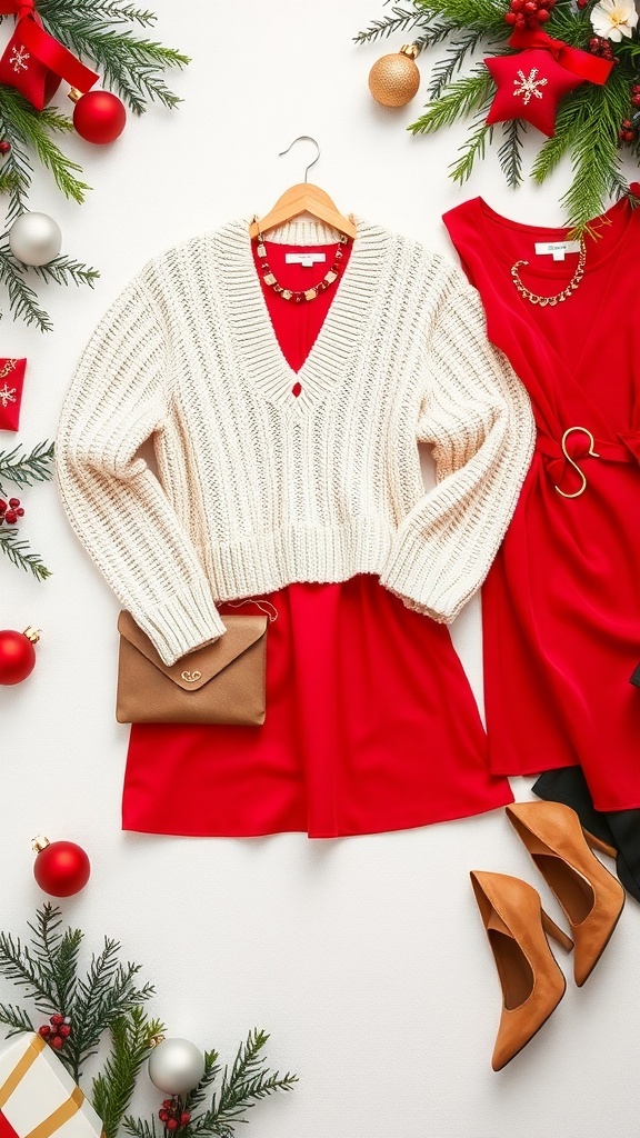 Chic Christmas outfits displayed with festive decorations.